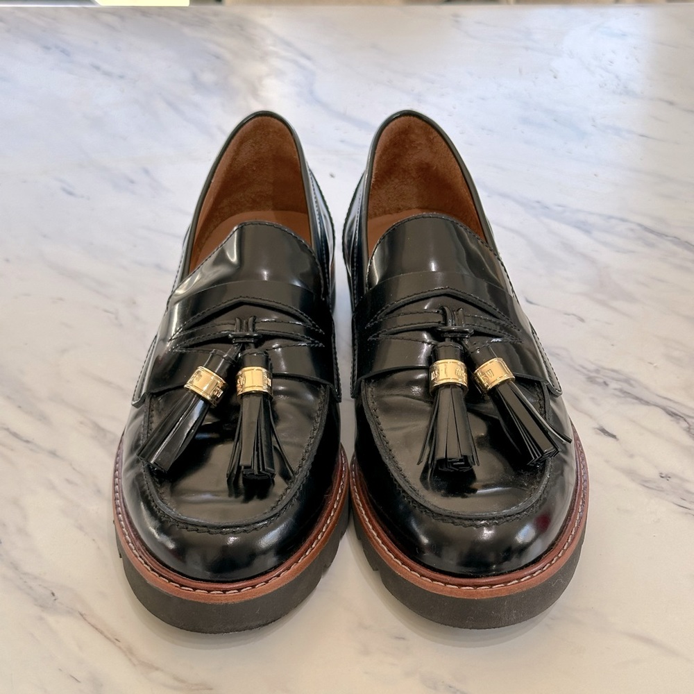 Stuart Weitzman patent leather tassel loafers